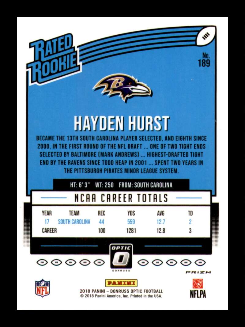 Load image into Gallery viewer, 2018 Donruss Optic Red Yellow Prizm Hayden Hurst #189 Baltimore Ravens Rookie RC Image 2
