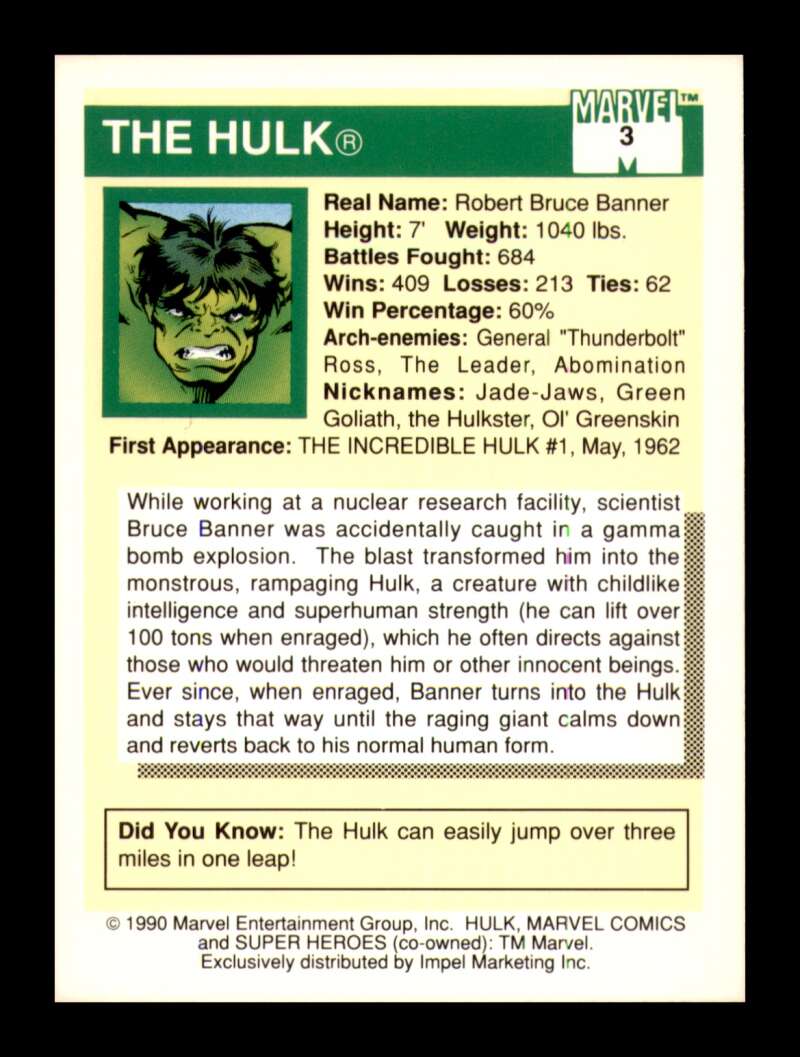 Load image into Gallery viewer, 1990 Impel Marvel Universe The Hulk #3 NM OR BETTER Image 2
