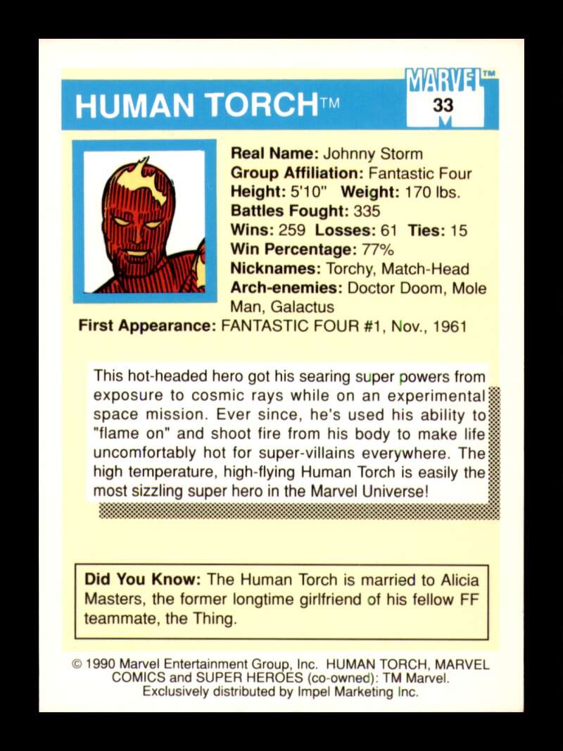 Load image into Gallery viewer, 1990 Impel Marvel Universe Human Torch #33 NM OR BETTER Image 2
