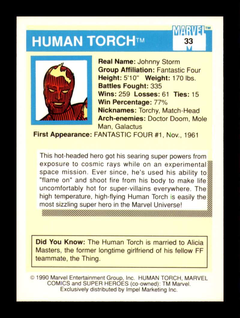 Load image into Gallery viewer, 1990 Impel Marvel Universe Human Torch #33 NM OR BETTER Image 2
