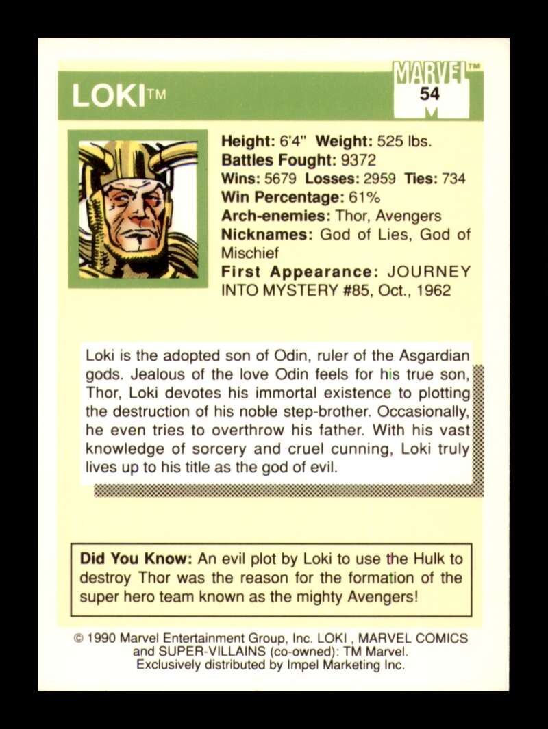 Load image into Gallery viewer, 1990 Impel Marvel Universe Loki #54 NM OR BETTER Image 2
