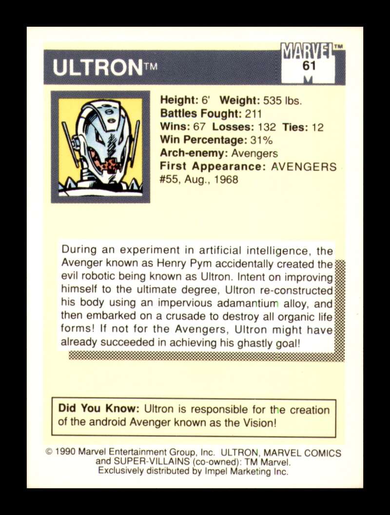 Load image into Gallery viewer, 1990 Impel Marvel Universe Ultron #61 NM OR BETTER Image 2
