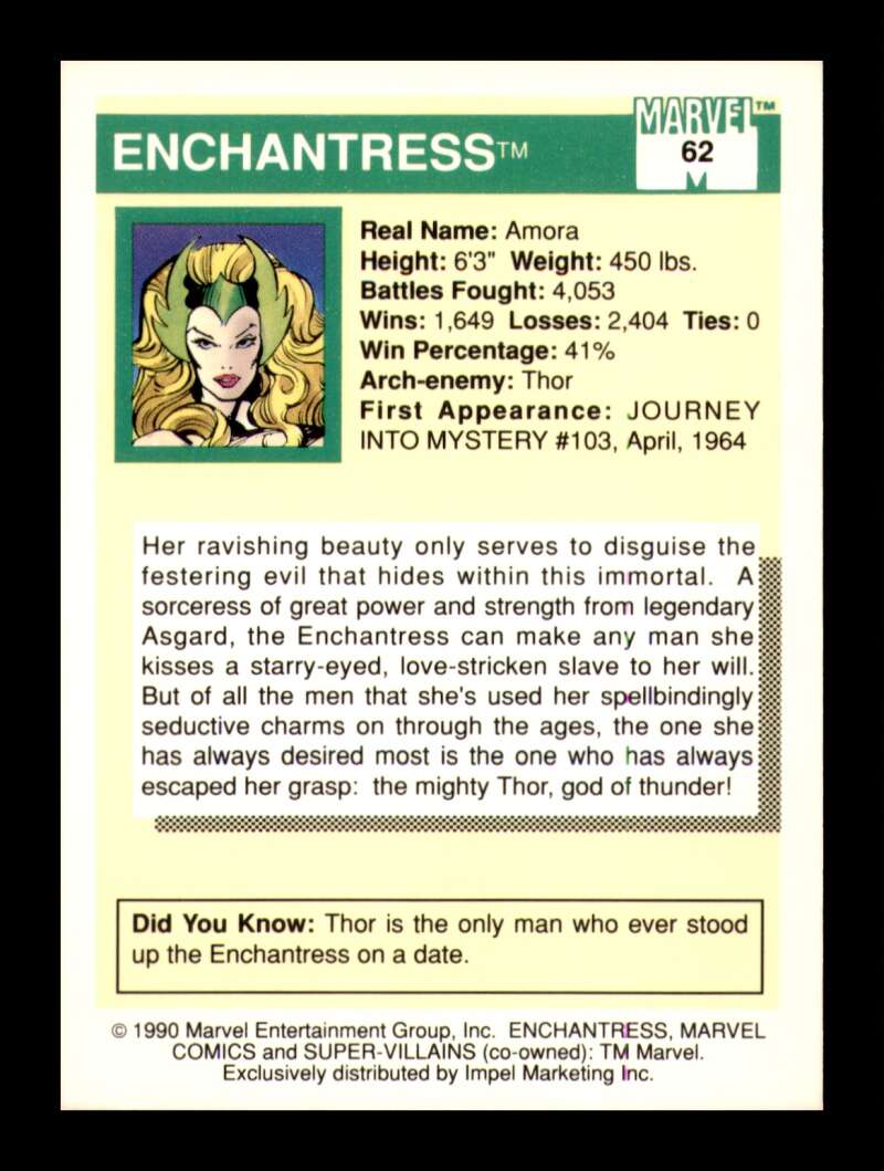 Load image into Gallery viewer, 1990 Impel Marvel Universe Enchantress #62 NM OR BETTER Image 2
