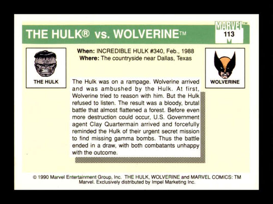 1990 Impel Marvel Universe The Hulk vs. Wolverine