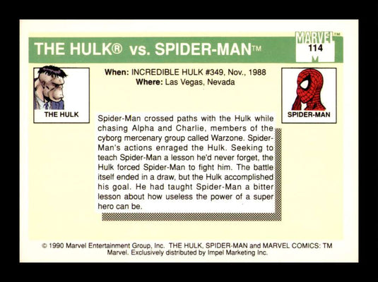 1990 Impel Marvel Universe The Hulk vs. Spider-Man