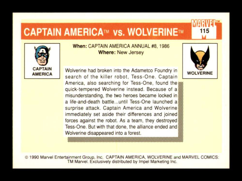Load image into Gallery viewer, 1990 Impel Marvel Universe Captain America vs. Wolverine #115 NM OR BETTER Image 2
