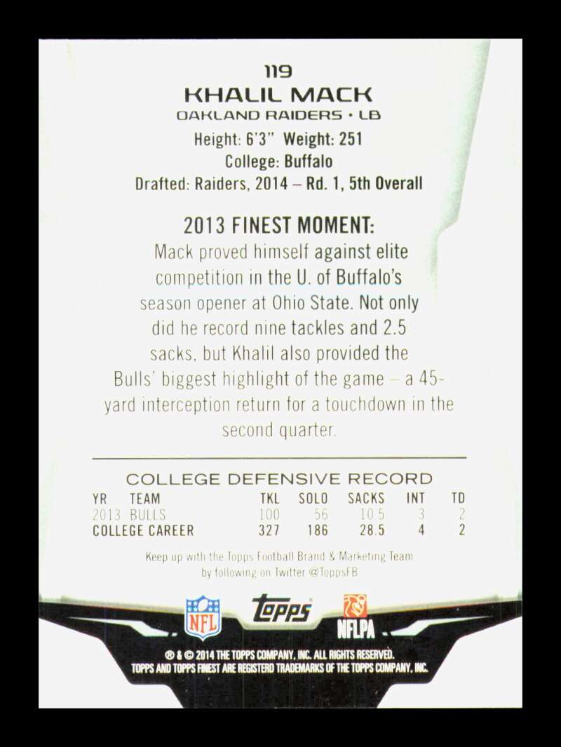 Load image into Gallery viewer, 2014 Topps Finest Khalil Mack #119 Oakland Raiders Rookie RC  Image 2
