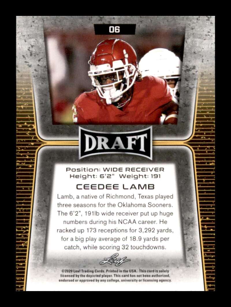 Load image into Gallery viewer, 2020 Leaf Draft CeeDee Lamb #6 Oklahoma Sooners Rookie RC Image 2
