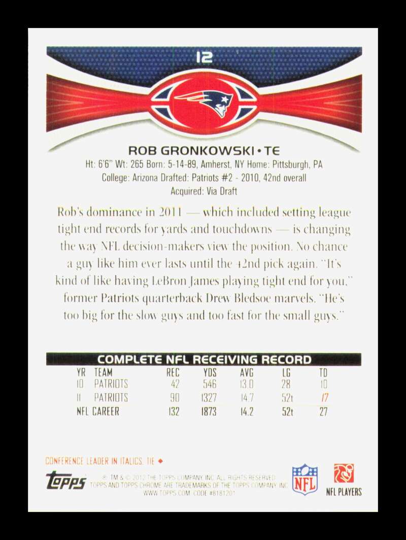 Load image into Gallery viewer, 2012 Topps Chrome Rob Gronkowski #12 New England Patriots  Image 2
