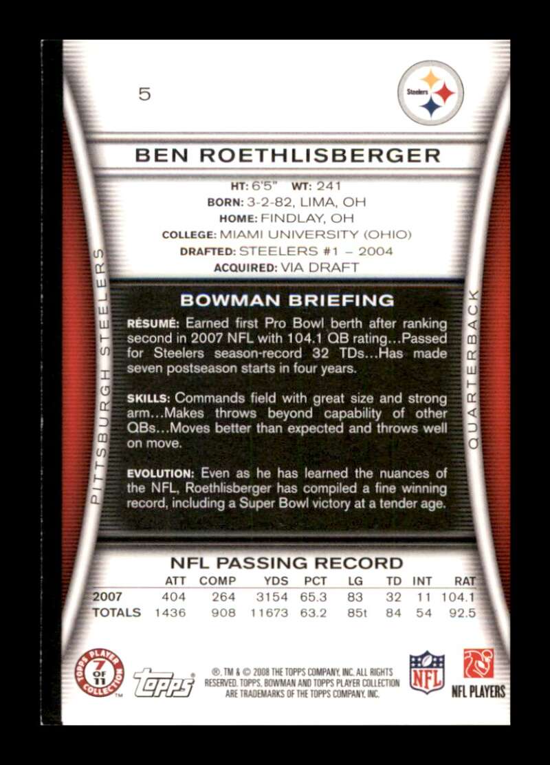 Load image into Gallery viewer, 2008 Bowman Ben Roethlisberger #5 Pittsburgh Steelers  Image 2
