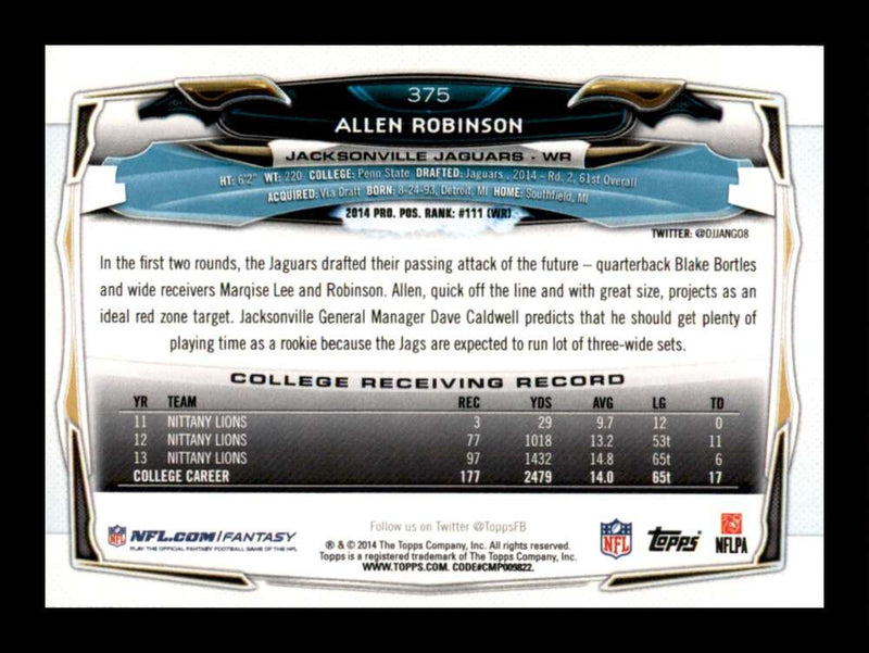 Load image into Gallery viewer, 2014 Topps Allen Robinson #375 Jacksonville Jaguars Rookie RC  Image 2
