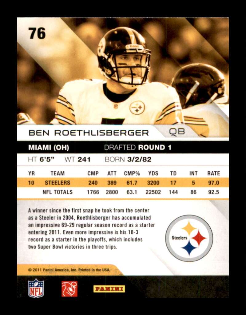 Load image into Gallery viewer, 2011 Panini Absolute Ben Roethlisberger #76 Pittsburgh Steelers  Image 2
