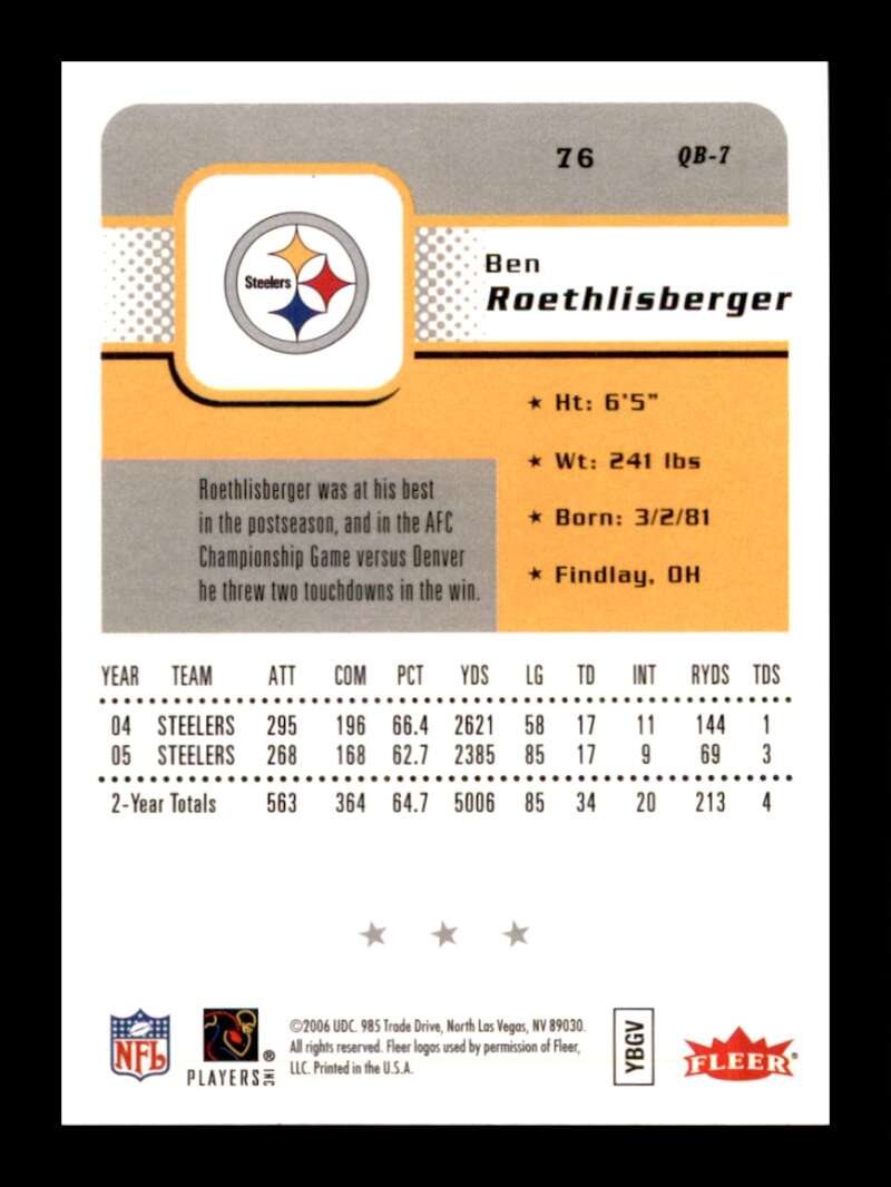 Load image into Gallery viewer, 2006 Fleer Ben Roethlisberger #76 Pittsburgh Steelers  Image 2
