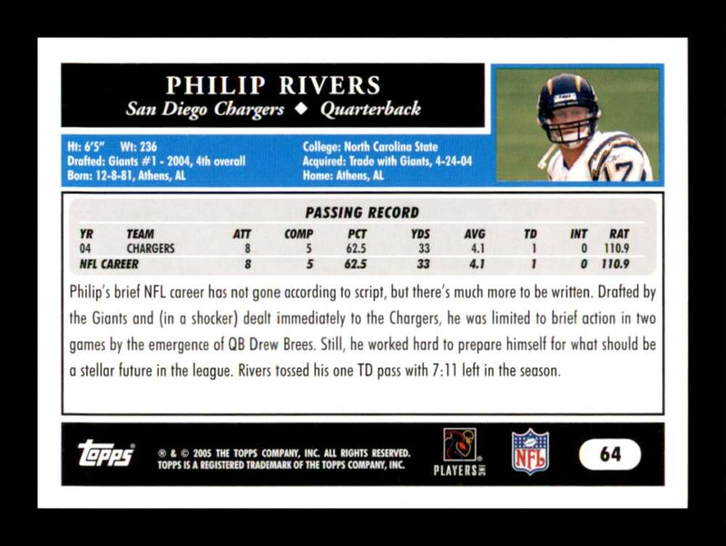 Load image into Gallery viewer, 2005 Topps Philip Rivers #64 San Diego Chargers  Image 2
