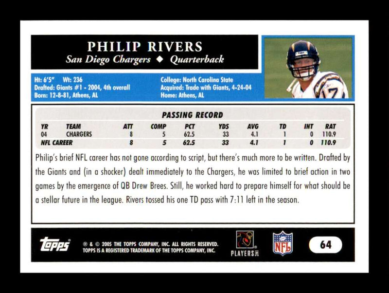 Load image into Gallery viewer, 2005 Topps Philip Rivers #64 San Diego Chargers  Image 2
