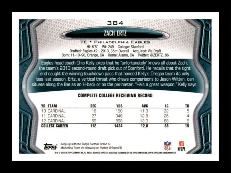 Load image into Gallery viewer, 2013 Topps Zach Ertz #384 Philadelphia Eagles Rookie RC  Image 2
