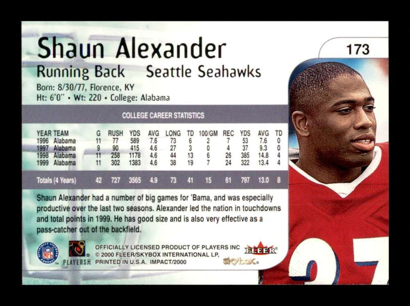 Load image into Gallery viewer, 2000 Fleer Impact Shaun Alexander #173 Seattle Seahawks Rookie RC  Image 2
