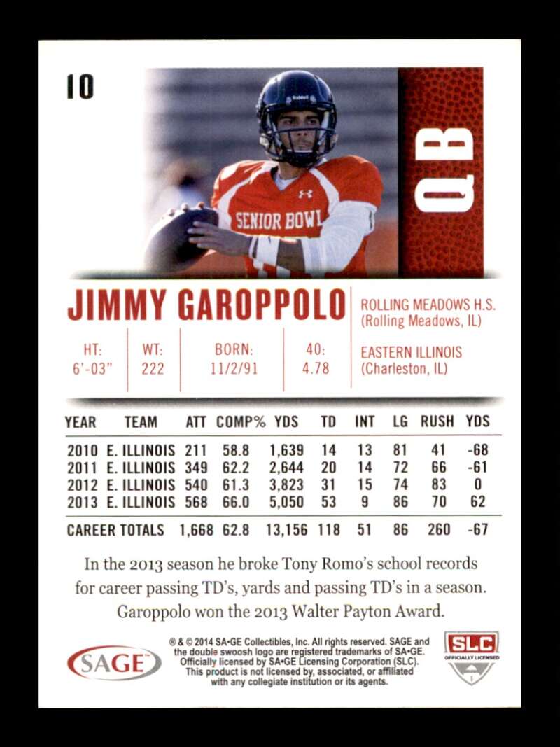 Load image into Gallery viewer, 2014 SAGE Hit Jimmy Garoppolo #10 Eastern Illinois Panthers Rookie RC Image 2
