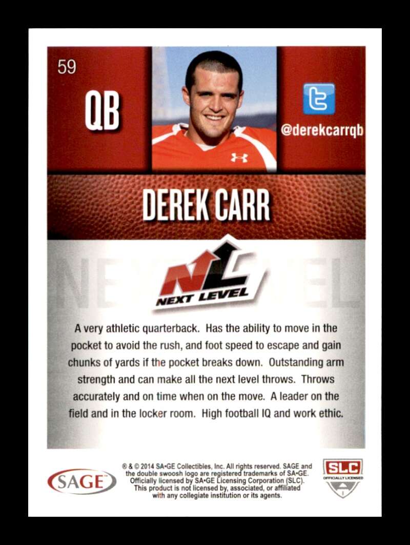 Load image into Gallery viewer, 2014 SAGE Hit Derek Carr #59 Fresno State Bulldogs Rookie RC  Image 2
