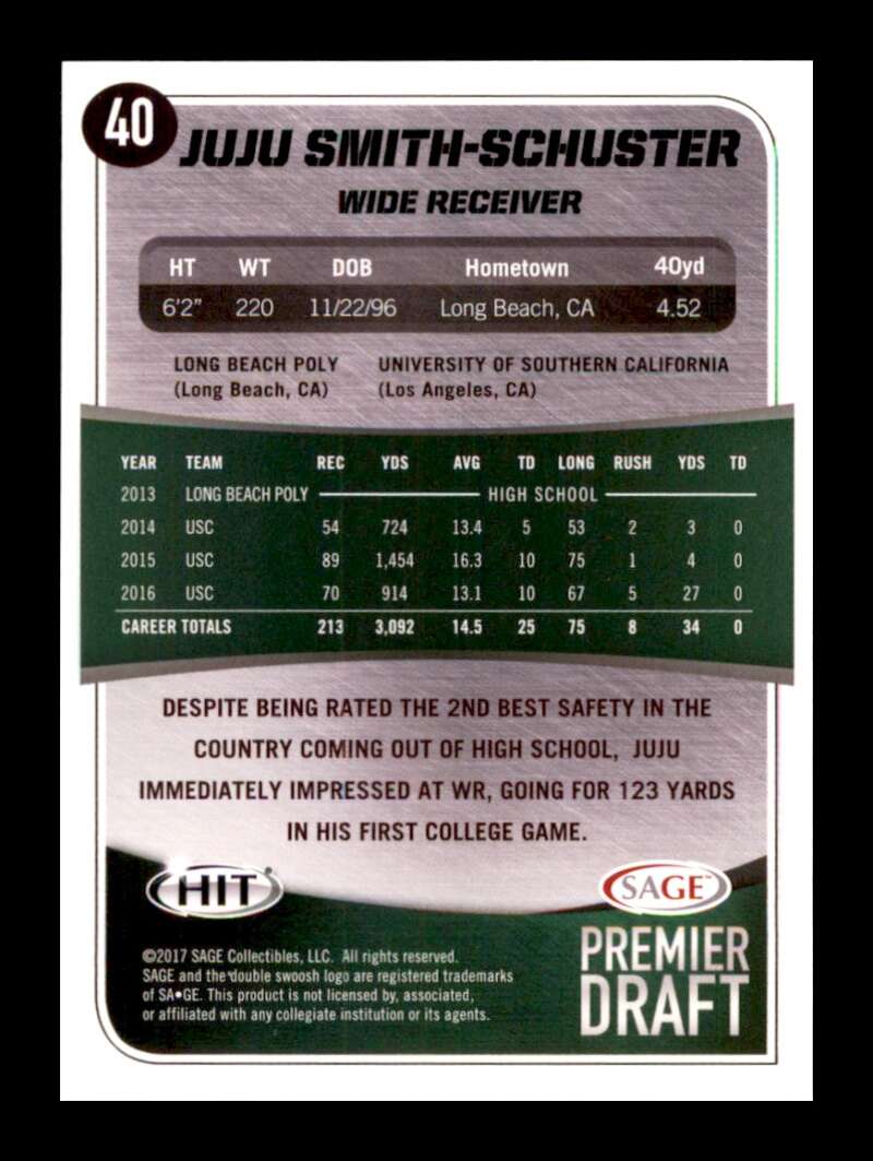 Load image into Gallery viewer, 2017 Sage Hit Premier Draft JuJu Smith-Schuster #40 Pittsburgh Steelers Rookie RC Image 2
