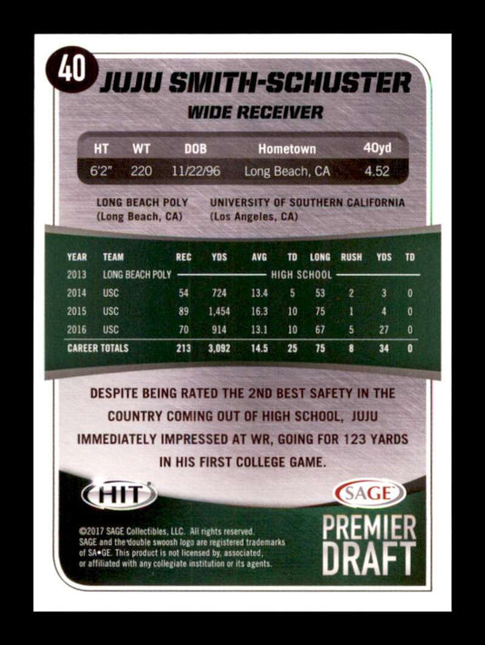 2017 Sage Hit Premier Draft JuJu Smith-Schuster