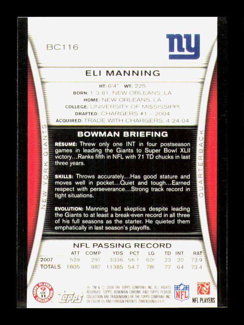 Load image into Gallery viewer, 2008 Bowman Chrome Eli Manning #BC116 New York Giants  Image 2
