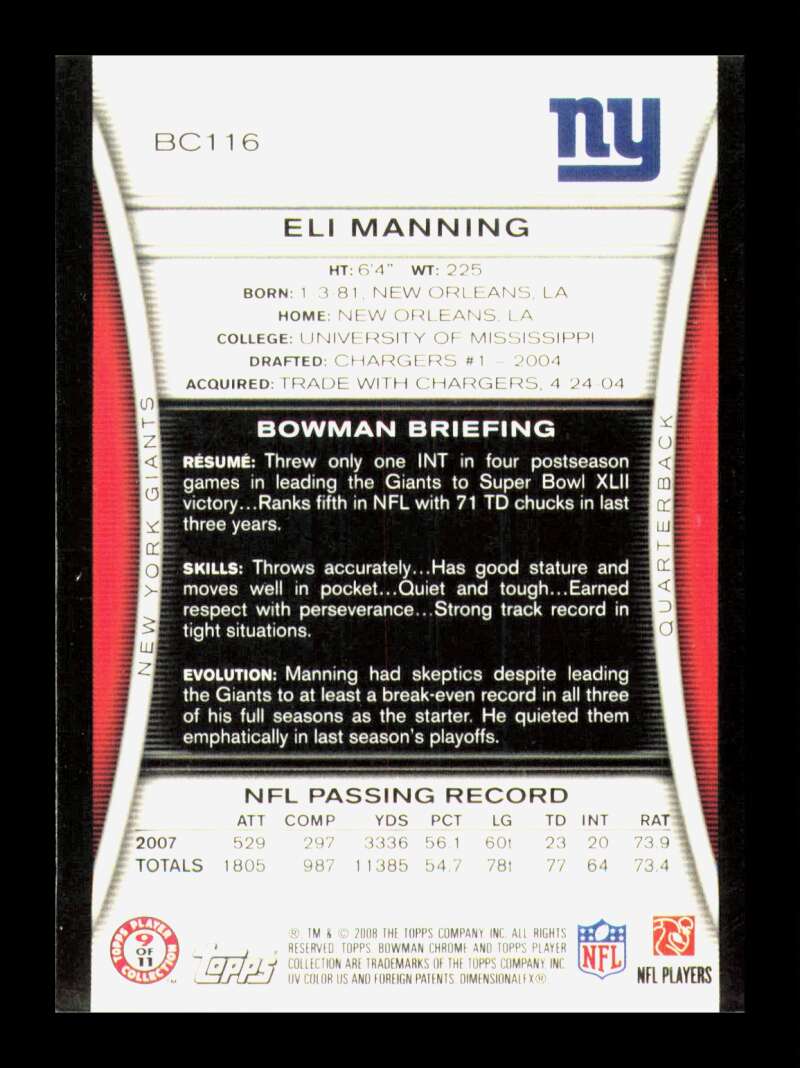 Load image into Gallery viewer, 2008 Bowman Chrome Eli Manning #BC116 New York Giants  Image 2
