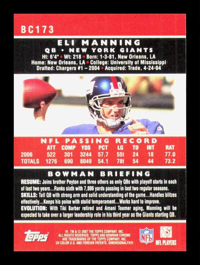 Load image into Gallery viewer, 2007 Bowman Chrome Eli Manning #BC173 New York Giants  Image 2
