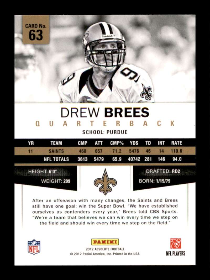 Load image into Gallery viewer, 2012 Panini Absolute Drew Brees #63 New Orleans Saints  Image 2
