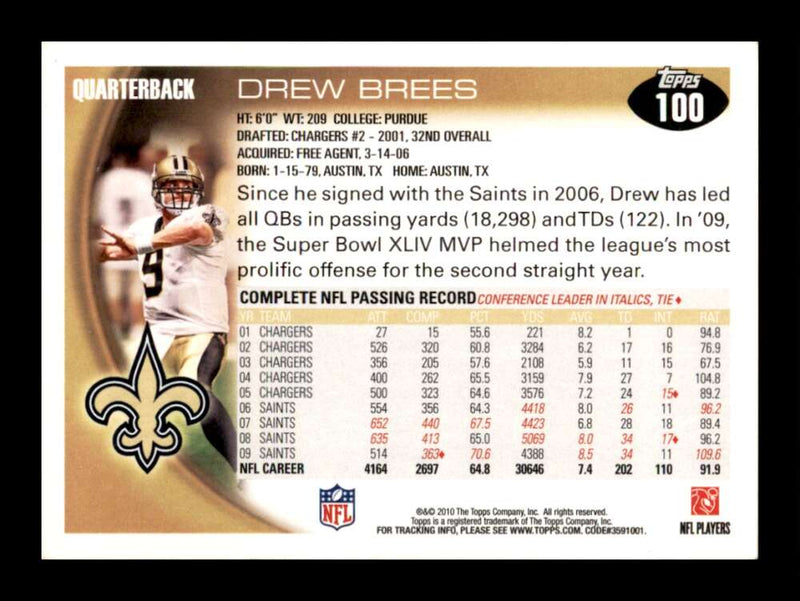 Load image into Gallery viewer, 2010 Topps Drew Brees #100 New Orleans Saints  Image 2
