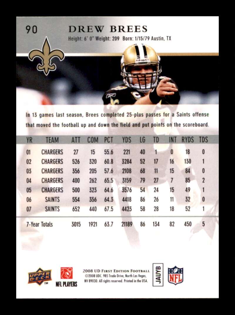 Load image into Gallery viewer, 2008 Upper Deck First Edition Drew Brees #90 New Orleans Saints  Image 2
