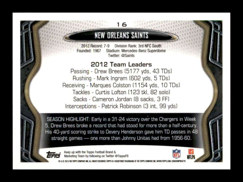 Load image into Gallery viewer, 2013 Topps New Orleans Saints #16 New Orleans Saints  Image 2
