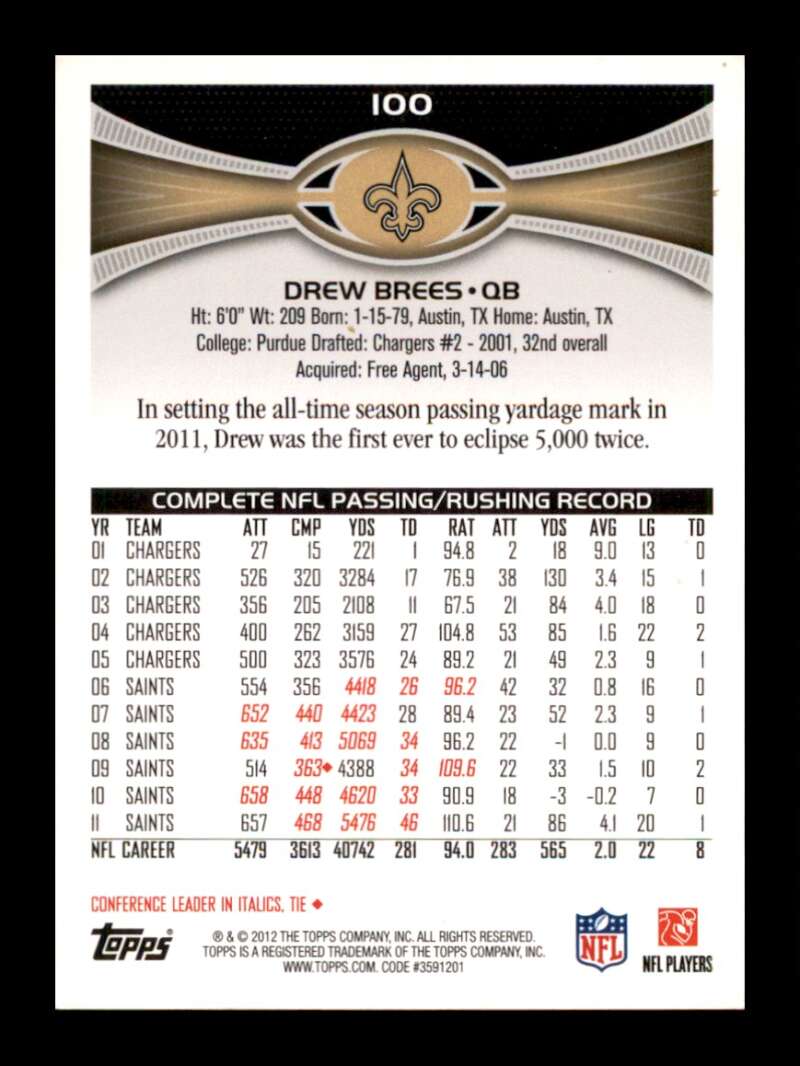 Load image into Gallery viewer, 2012 Topps Drew Brees #100 New Orleans Saints  Image 2
