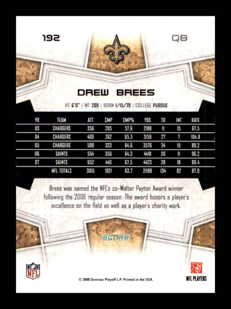 Load image into Gallery viewer, 2008 Score Drew Brees #192 New Orleans Saints  Image 2
