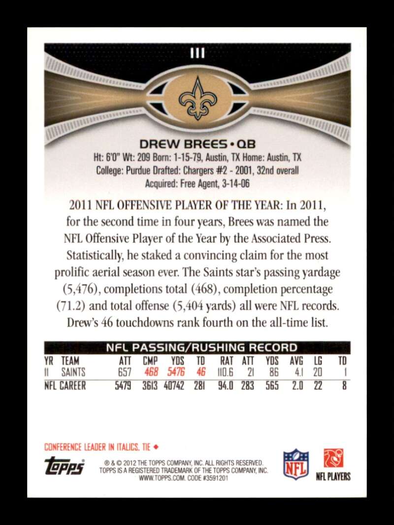 Load image into Gallery viewer, 2012 Topps Drew Brees #111 New Orleans Saints  Image 2
