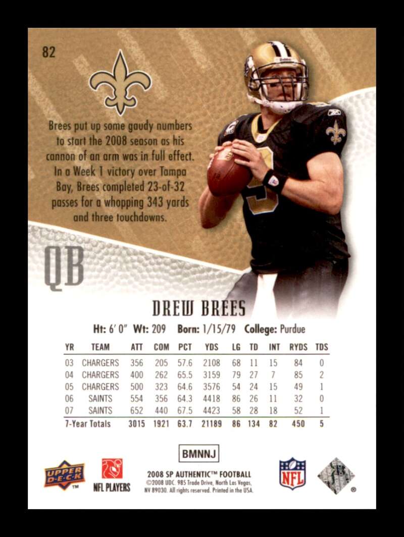 Load image into Gallery viewer, 2008 Upper Deck SP Authentic Drew Brees #82 New Orleans Saints  Image 2
