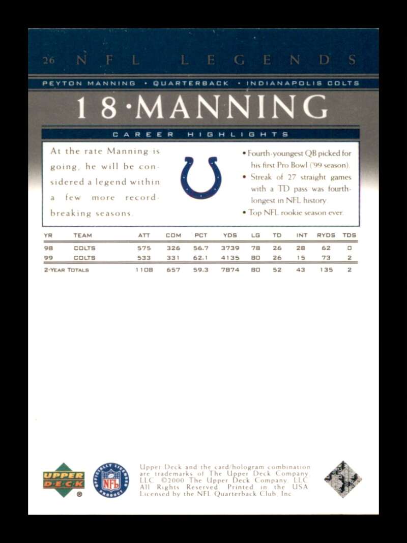 Load image into Gallery viewer, 2000 Upper Deck Legends Peyton Manning #26 Indianapolis Colts  Image 2
