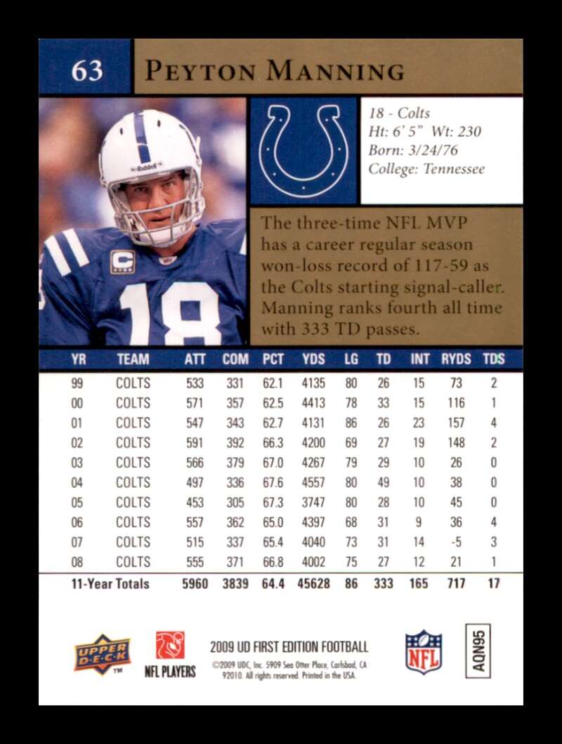 Load image into Gallery viewer, 2009 Upper Deck First Edition Peyton Manning #63 Indianapolis Colts  Image 2
