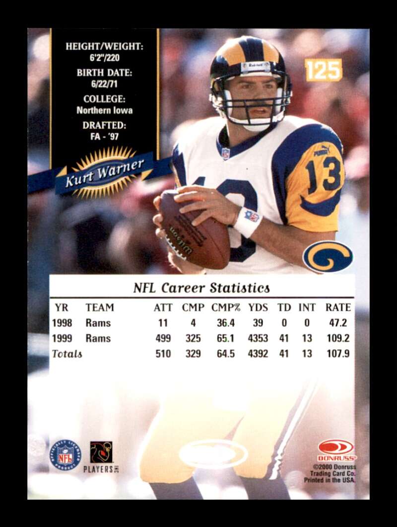 Load image into Gallery viewer, 2000 Donruss Kurt Warner #125 St. Louis Rams  Image 2
