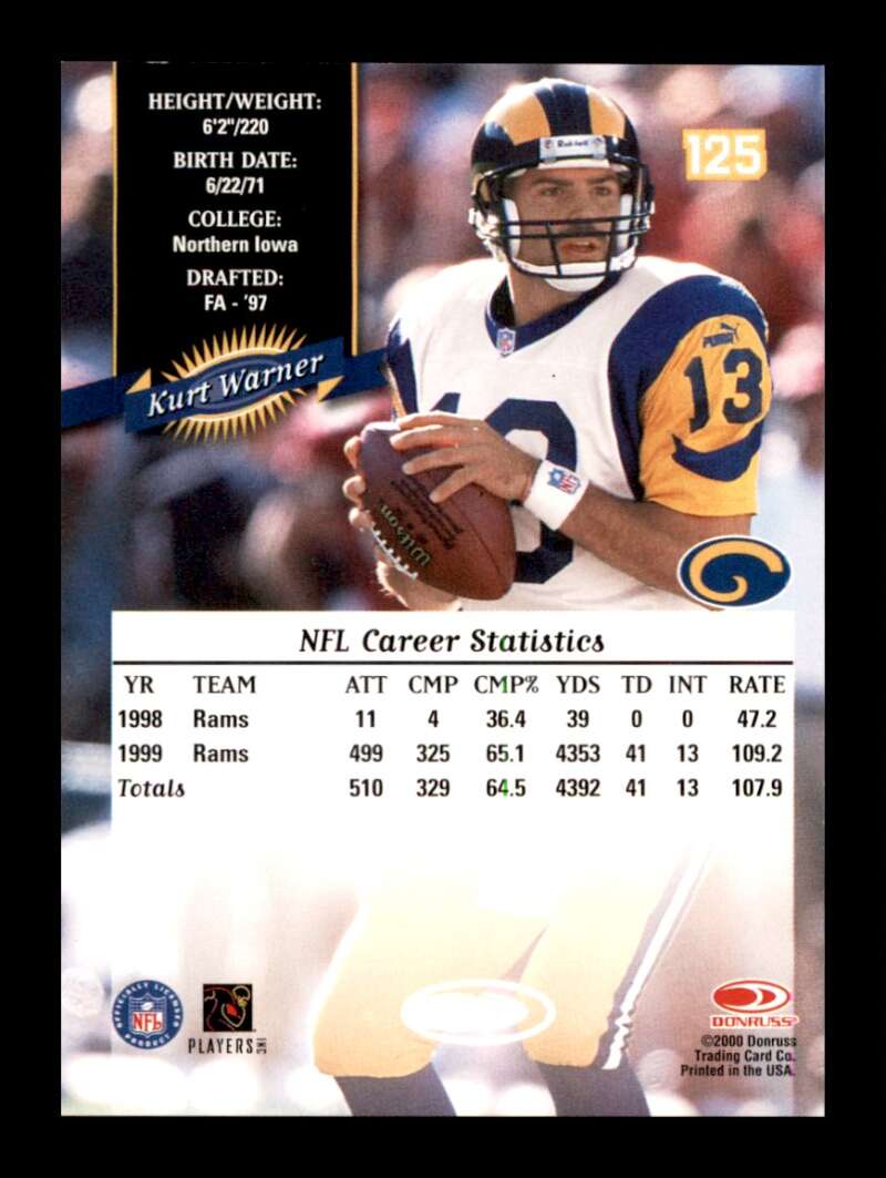 Load image into Gallery viewer, 2000 Donruss Kurt Warner #125 St. Louis Rams  Image 2
