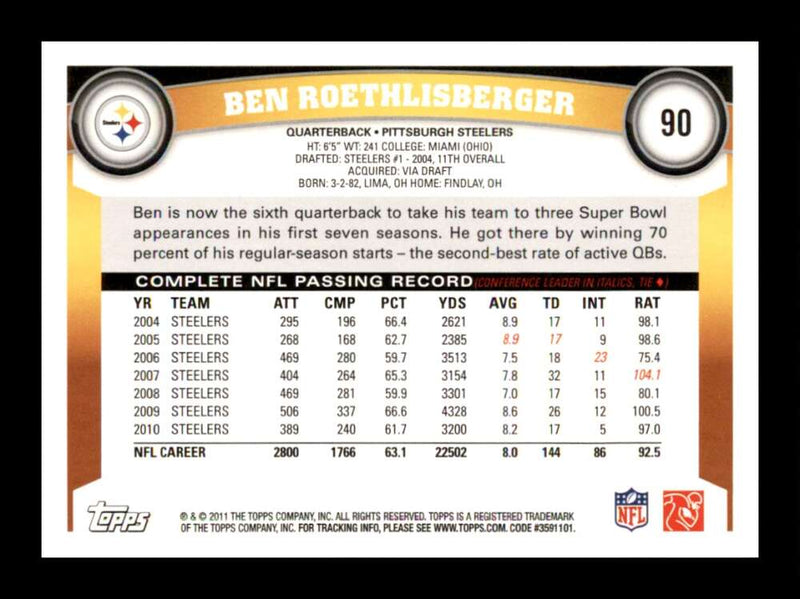 Load image into Gallery viewer, 2011 Topps Ben Roethlisberger #90 Pittsburgh Steelers  Image 2
