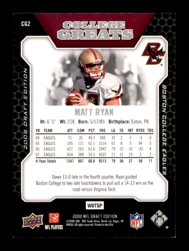 Load image into Gallery viewer, 2008 Upper Deck Draft Edition College Greats Matt Ryan #CG2 Boston College Rookie RC Image 2
