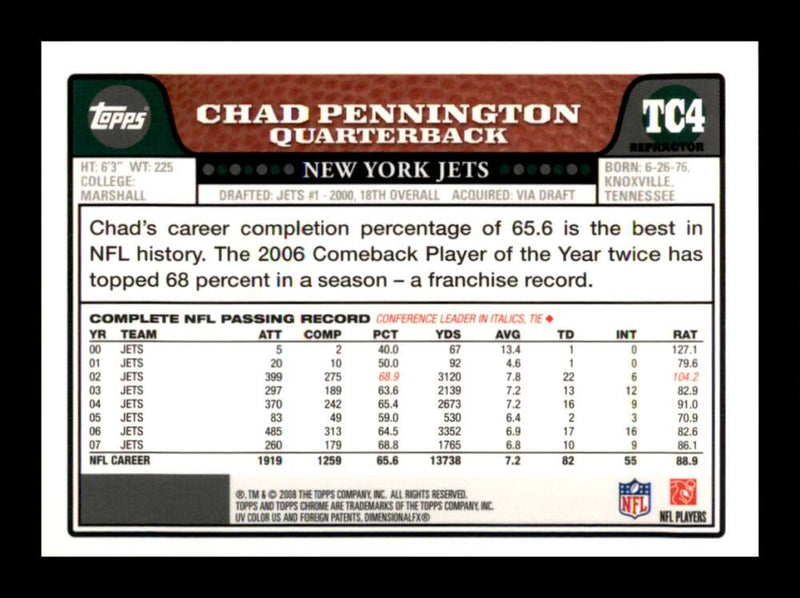 Load image into Gallery viewer, 2008 Topps Chrome Refractor Chad Pennington #TC4 New York Jets Image 2
