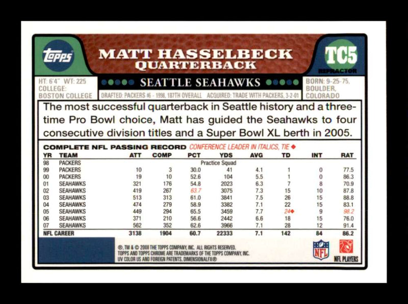 Load image into Gallery viewer, 2008 Topps Chrome Refractor Matt Hasselbeck #TC5 Seattle Seahawks Image 2
