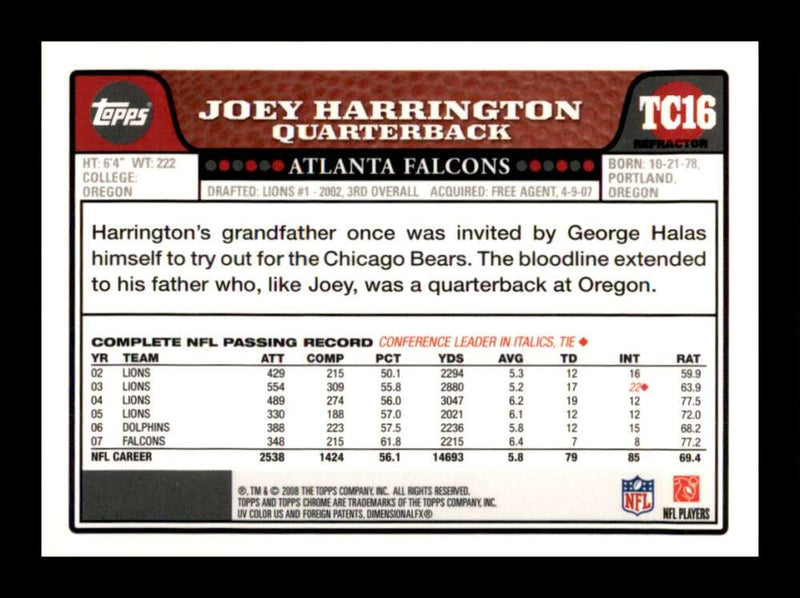 Load image into Gallery viewer, 2008 Topps Chrome Refractor Joey Harrington #TC16 Atlanta Falcons Image 2
