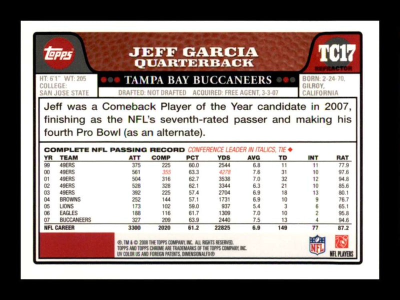 Load image into Gallery viewer, 2008 Topps Chrome Refractor Jeff Garcia #TC17 Tampa Bay Buccaneers Image 2
