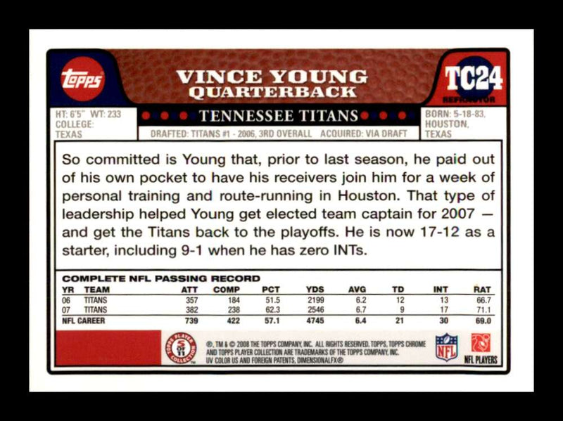 Load image into Gallery viewer, 2008 Topps Chrome Refractor Vince Young #TC24 Tennessee Titans Image 2
