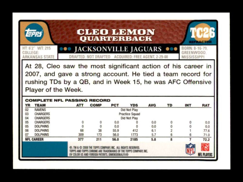 Load image into Gallery viewer, 2008 Topps Chrome Refractor Cleo Lemon #TC26 Jacksonville Jaguars Image 2
