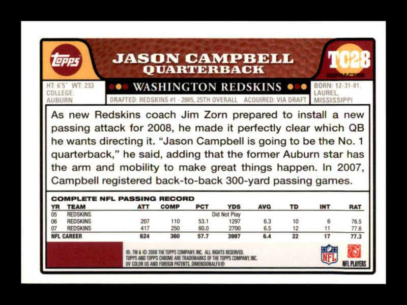 Load image into Gallery viewer, 2008 Topps Chrome Refractor Jason Campbell #TC28 Washington Redskins Image 2
