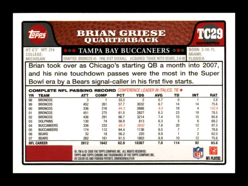 Load image into Gallery viewer, 2008 Topps Chrome Refractor Brian Griese #TC29 Tampa Bay Buccaneers Image 2
